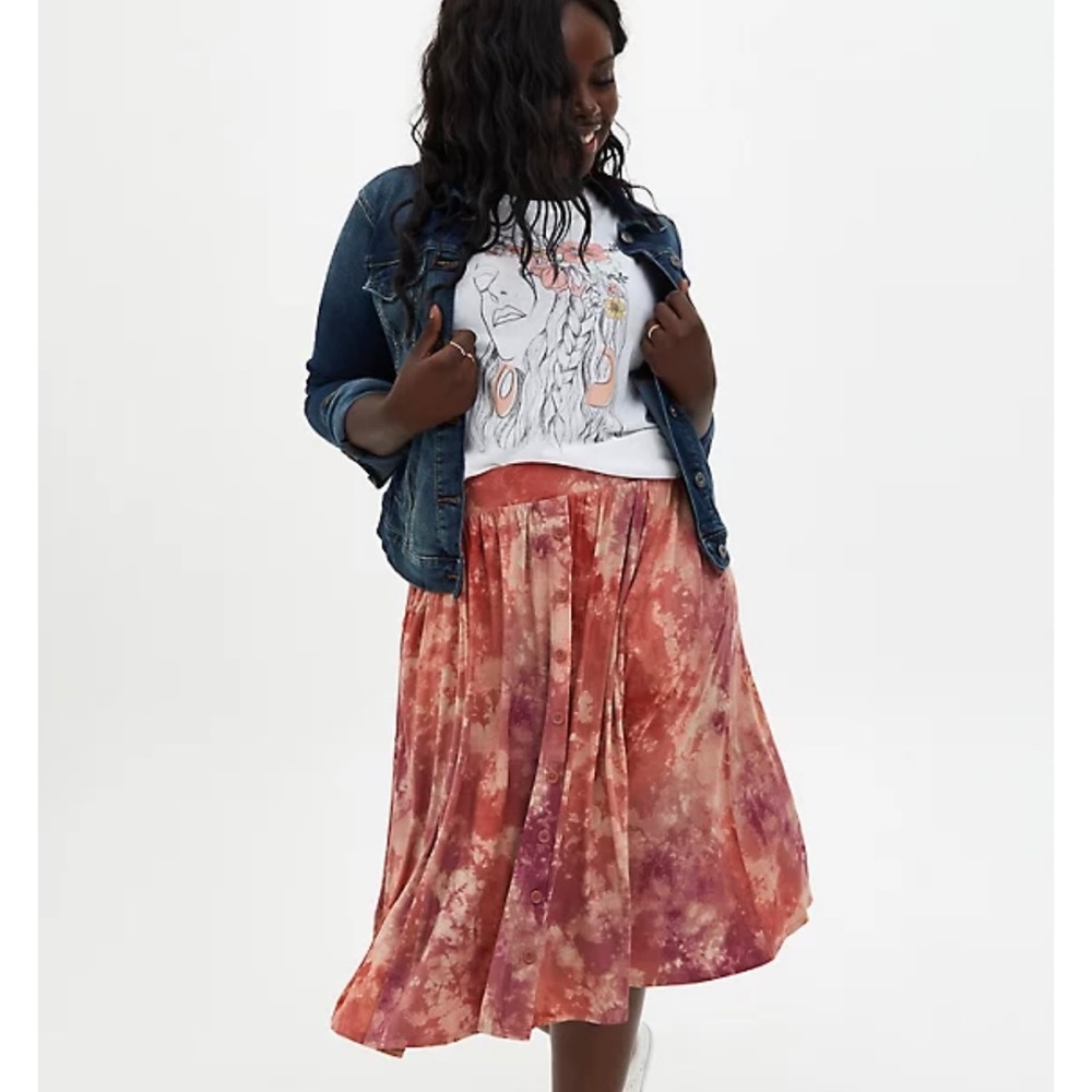 Torrid Supersoft Tie Dye Button Midi Skirt Orange Purple Size 1X